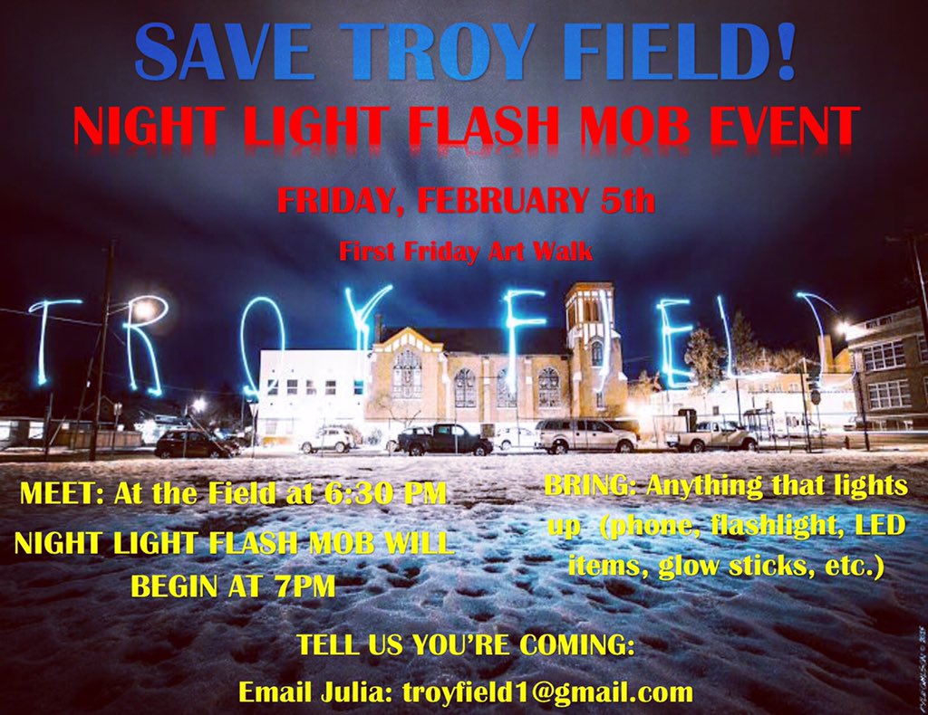 Join the FLASH MOB tonight to Save Troy Field! This will last only 5 min so come by 6:45 and bring LIGHTS! #inbend