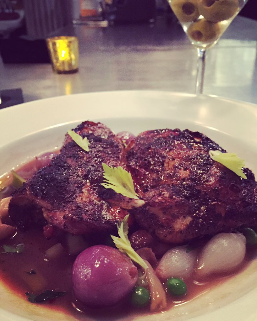New Smoked Chicken coq au vin w/ roasted mushrooms, pearl onions, pancetta, red wine sugo + Martini #Chs #chseats