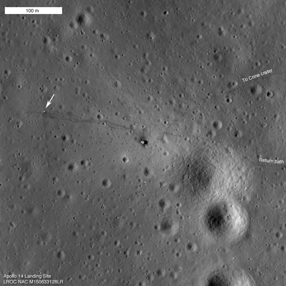 LRO_NASA's tweet photo. 45 years ago today, Apollo 14 landed on the Moon. Explore images of the landing site here: https://t.co/85ERWR1bbs https://t.co/bgsPqKI9PN