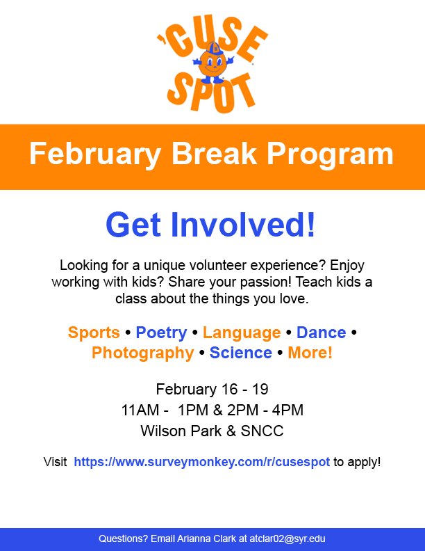 Last chance! Get involved in #FebBreak2016 programming for Syracuse youth today! ow.ly/XQF5j