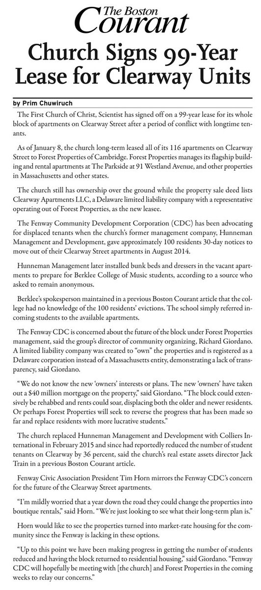 The First Church of Christian Science leased out Clearway Street apartments for 99 years. <a href="/FenwayCDC/">Fenway CDC</a> <a href="/FenwayCivic/">Fenway Civic</a>