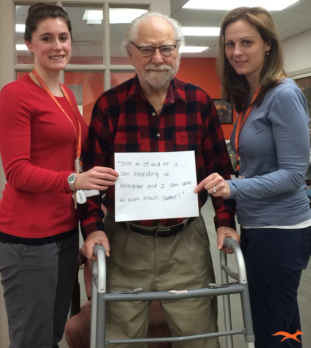 FOXRehab's tweet photo. "Due to OT and PT I am standing up straighter and I am able to walk much better!" #PT #OT #Geriatrics #WorkAtFOX https://t.co/VUoNEmPR5G