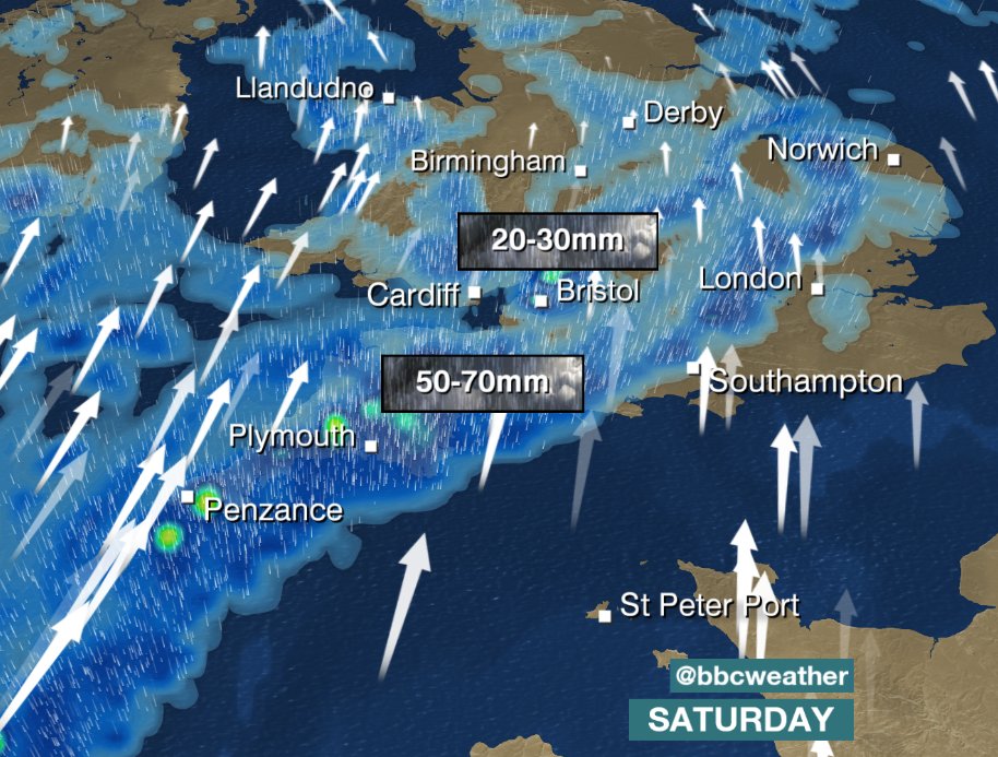 bbcweather's tweet image. S #Wales &amp;amp; SW #England look wettest on #Saturday with close to 3 inches of #rain in places. Ben R