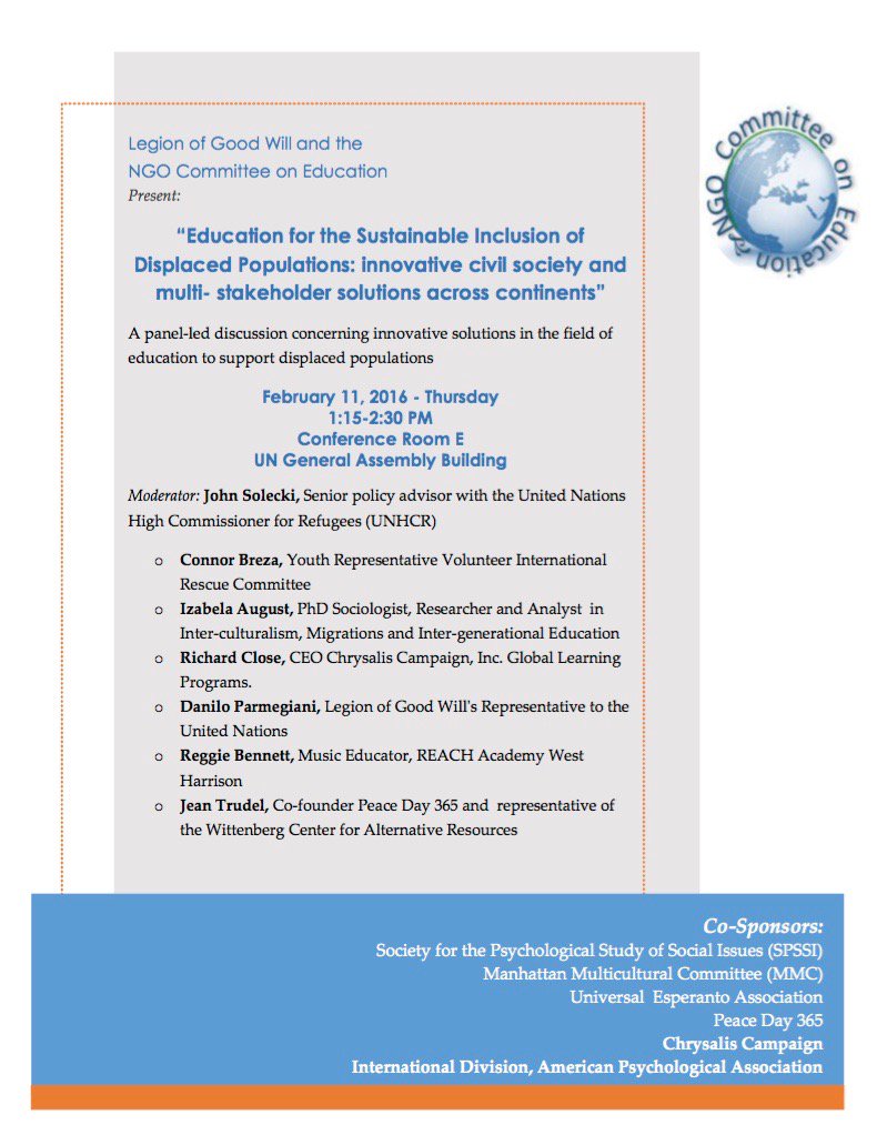 NGOEducation's tweet photo. Friends, please see the attached flyer for our CoSD Side Event on February 11th, UN General Assembly Building #PEACE https://t.co/waBnrDgs3T
