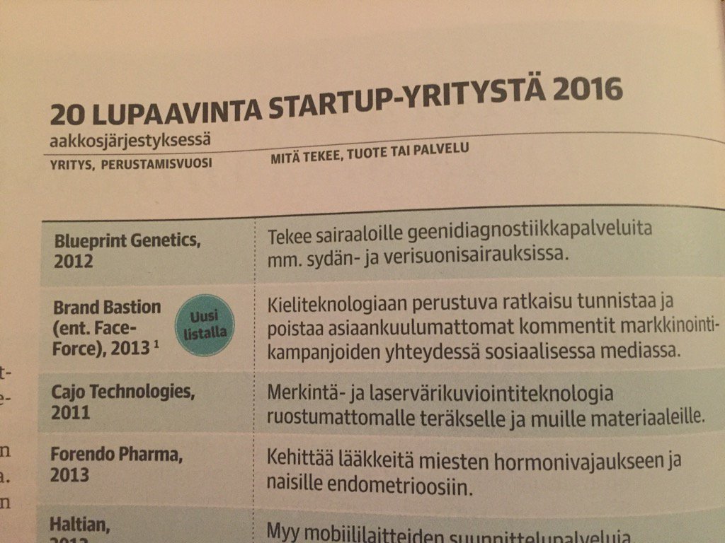 AaltonenSusanna's tweet photo. 20 lupaavinta startuppia @talouselama Geenidiagnostiikkaa #BlueprintGenetics ja hormoniosaaja #ForendoPharma #kemia https://t.co/7e46kM7DrA