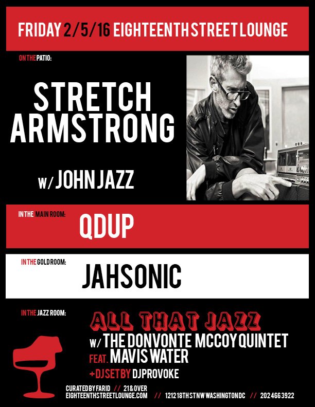 18thSTLounge's tweet photo. ESL Welcomes @StretchArmy On The Patio + @QdupMusic @jahsounds @dj_john_jazz @DonvonteMccoy @DjProvokeDC #ESLXX https://t.co/djpPyX0Ihu