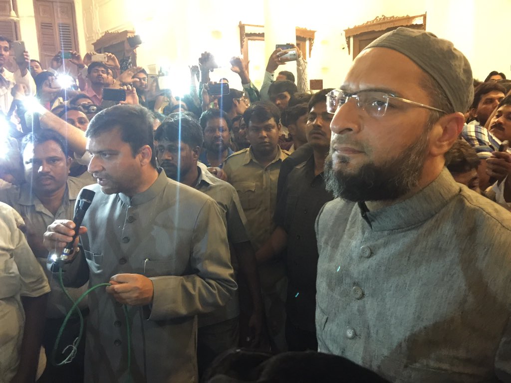 SyedAKashafQ's tweet photo. AIMIM President Barrister Asadudin Owaisi surrounded by Fans at party headquarters after GHMC results @asadowaisi https://t.co/qbMnwLQT7W