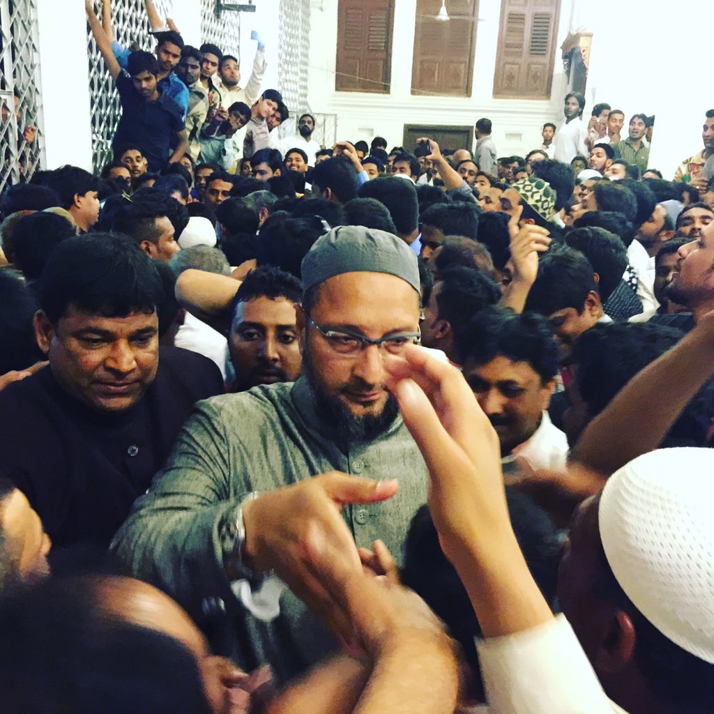SyedAKashafQ's tweet photo. AIMIM President Barrister Asadudin Owaisi surrounded by Fans at party headquarters after GHMC results @asadowaisi https://t.co/qbMnwLQT7W