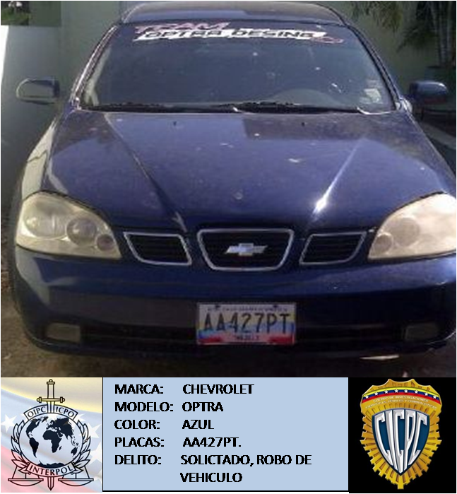 @interpolpzo recupero el vehiculo CHEVROLET, OPTRA, placas AA427PT. SOLICITADO por Robo de Vehiculo.-