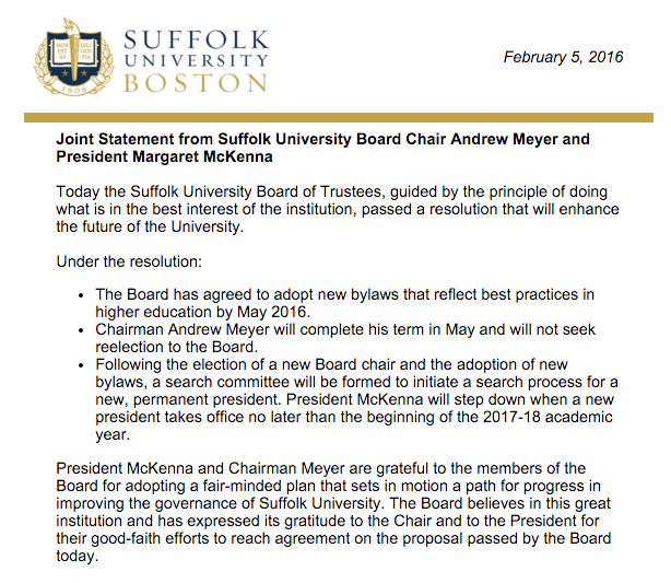 Suffolk_U's tweet photo. Joint Statement from Suffolk University Board Chair Andrew Meyer and President Margaret McKenna: https://t.co/9Y77i0plE4