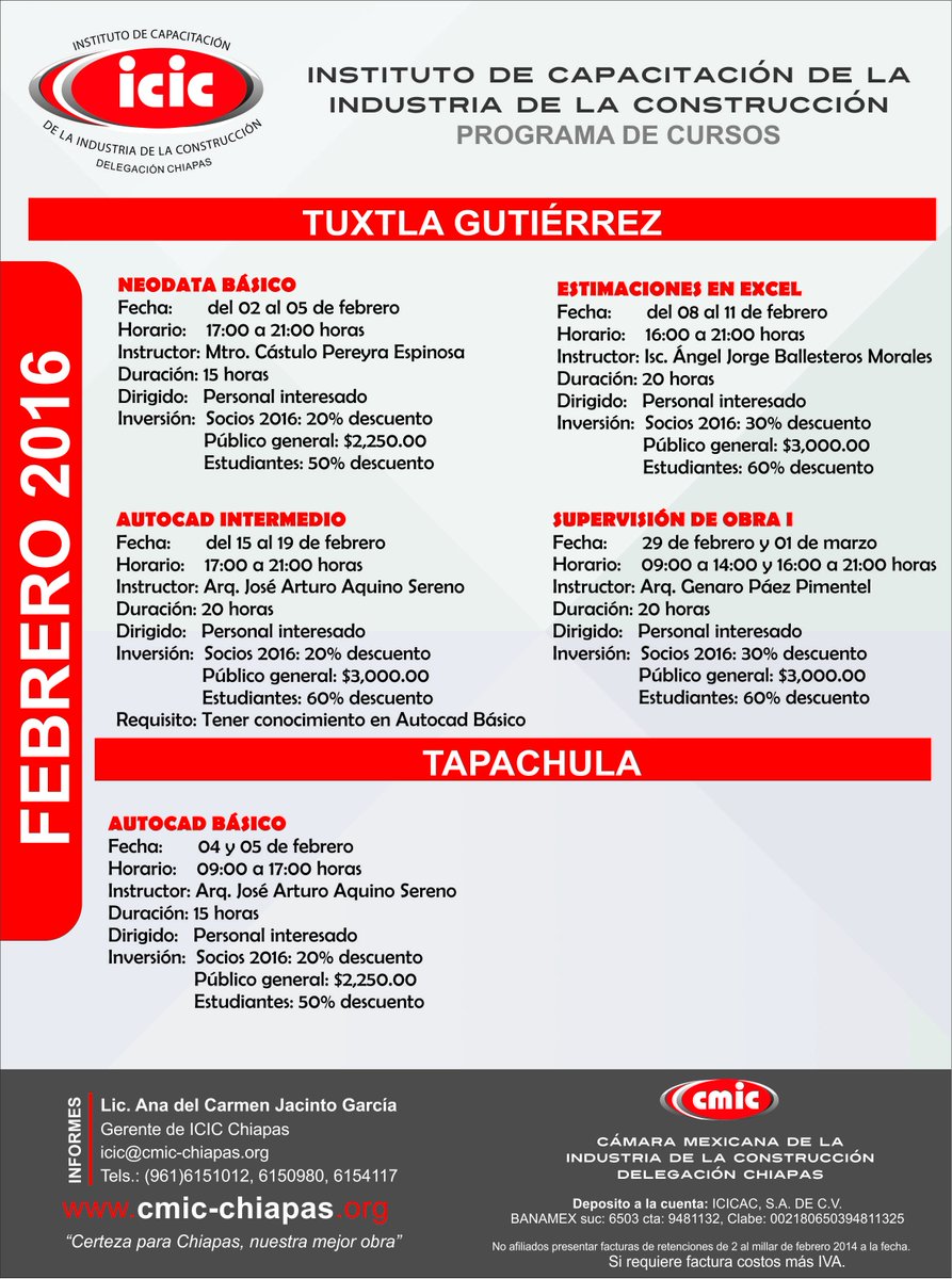 cmicnacional's tweet photo. Consulta los cursos que @CmicChiapas tiene para ti este febrero ¡hay descuentos para estudiantes y afiliados! https://t.co/3IA9I6cec2