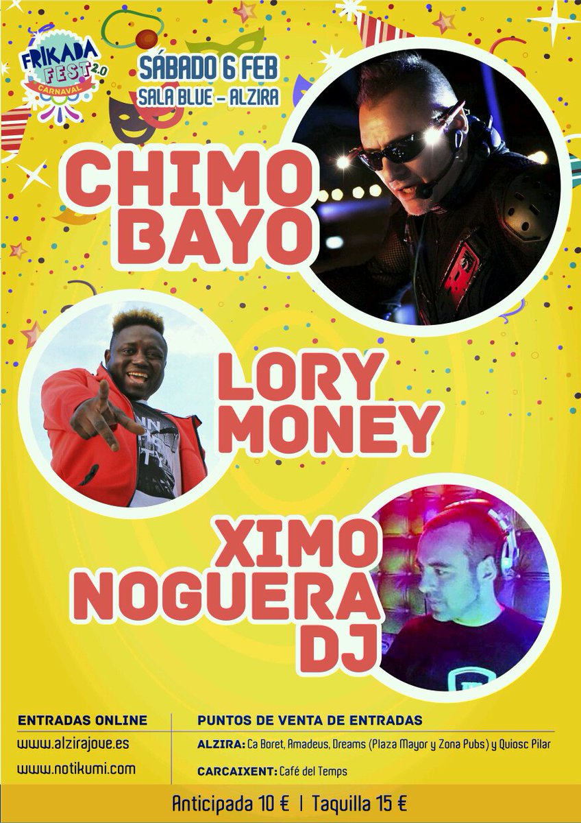 #alzira sab 6 febrero 23.30 h <a href="/LoryMoneySupa/">Lory Money</a> 01.30 h <a href="/ChimoBayo/">Chimo Bayo</a> 04.00 h @XimoNoguera tickets 10 eur alzirajove.es