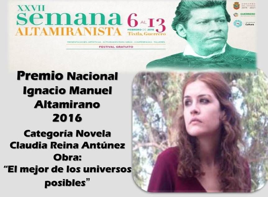 SecuGro's tweet photo. Claudia Reina Antúnez, ganadora del IX Premio Nacional Ignacio M. Altamirano 2016 en Novela ¡Felicidades! #Tixlta https://t.co/Y6Ad9jfq8L