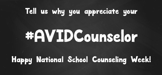 AVID4College's tweet photo. Thank an #AVIDCounselor in honor of #NSCW! We're so thankful for the counselors who help #AVID students every day! https://t.co/MlSJ1f0ASw