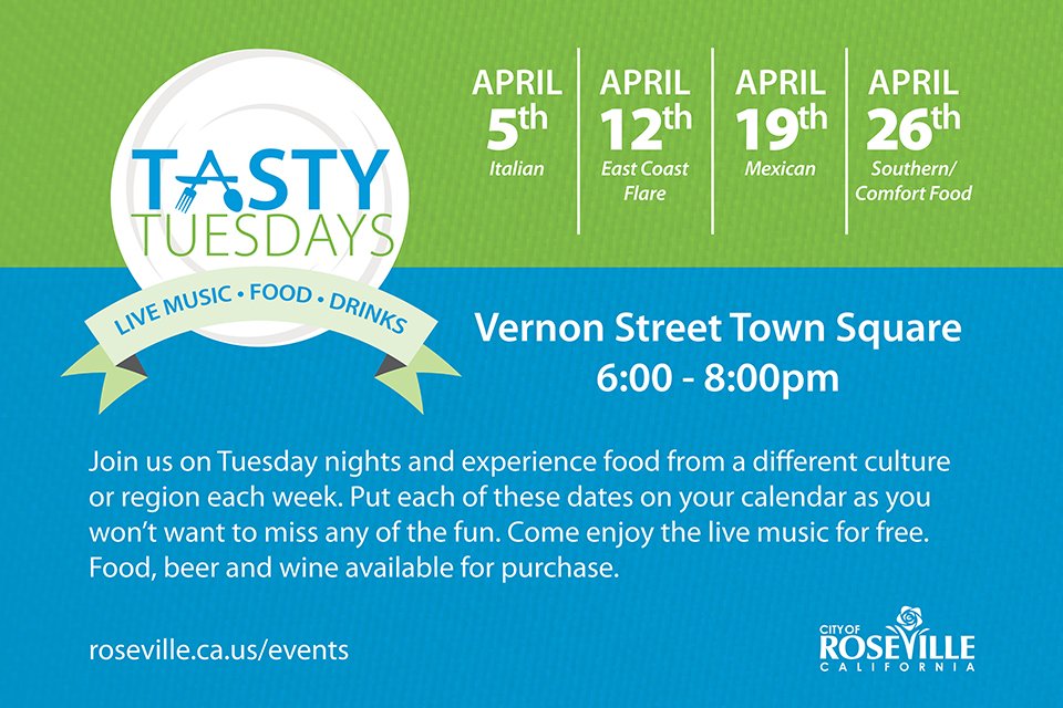 Have you heard about #TastyTuesdays yet? Different cuisine/theme each week. roseville.ca.us/events