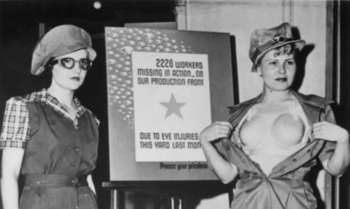 BuzzLamp's tweet photo. This 1943 photo shows women modeling a hard plastic ‘safety bra’ to protect female workers at war plants. https://t.co/3STr7GIBQZ