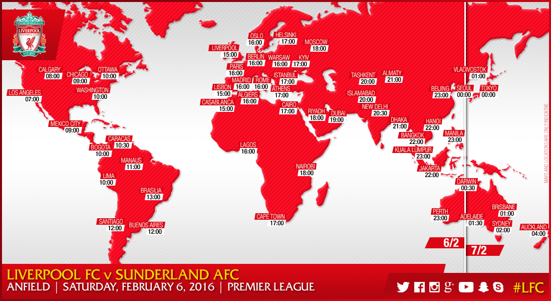 LFC's tweet photo. Kick-off times around the 🌍 for #LFC's clash with @SunderlandAFC... https://t.co/7k4RJMNJy4