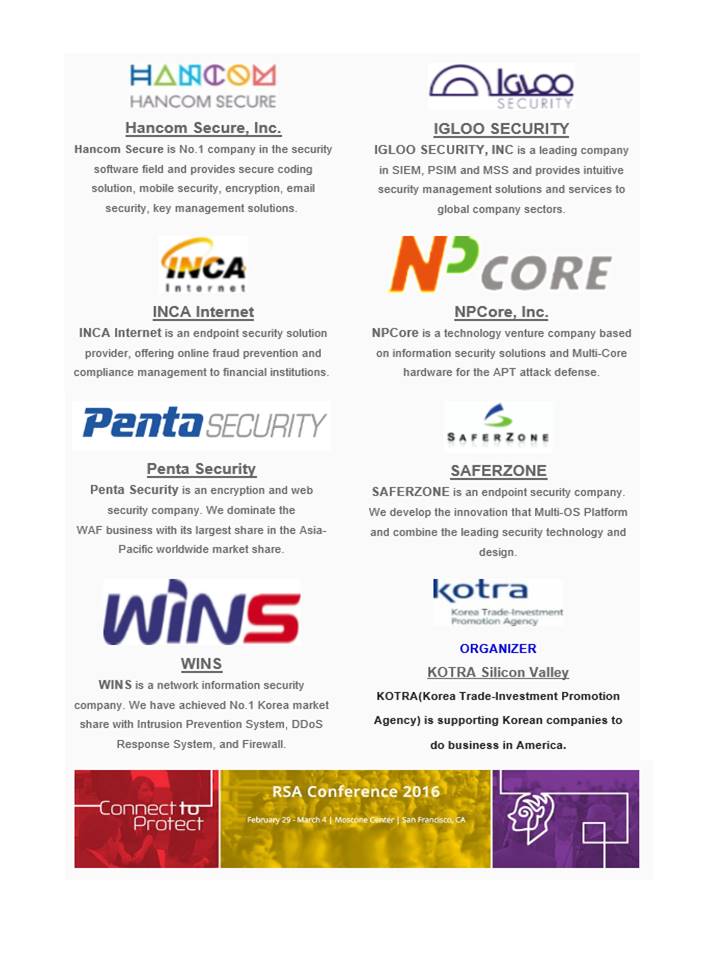 KTech_SV's tweet photo. Invite you to RSA Conference 2016 Korea Pavilion! https://t.co/CnYlJFyQZ7