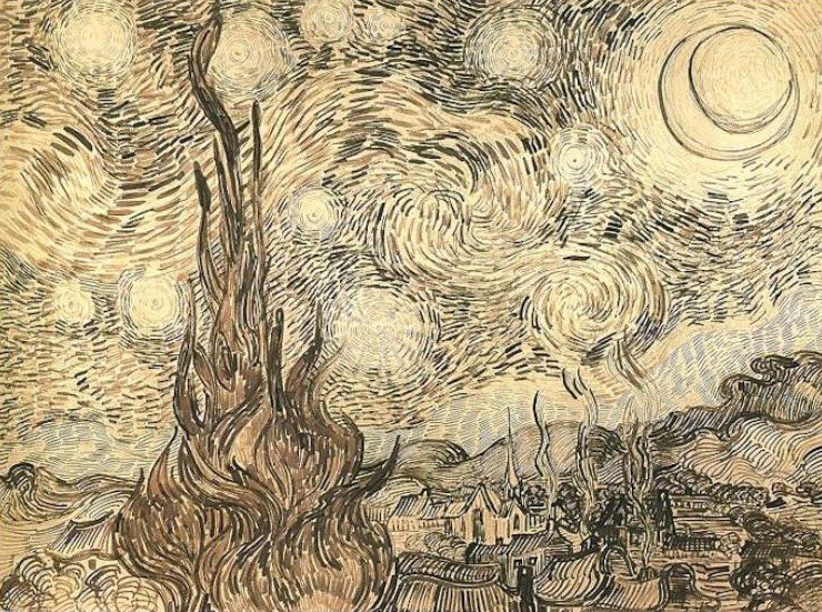 lovefortheeyes's tweet image. The Starry Night by Vincent Van Gogh, sketch and painting