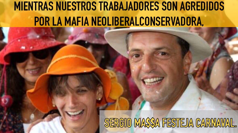 EstamosMirando's tweet photo. "Mientras trabajadores son agredidos por la mafia neoliberal conservadora"; como dice @Luis_Delia: #Massa festeja... https://t.co/jFezLHxMtP