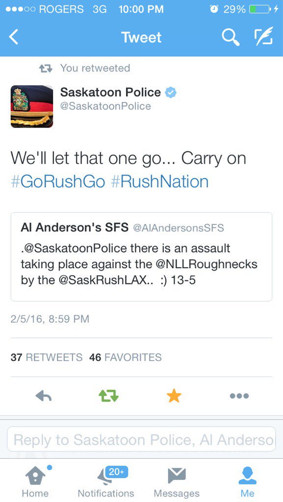 SaskRushLAX's tweet photo. 👏🏻👏🏻👏🏻 Tweet of the Night. Thank you @SaskatoonPolice. #WhatANight https://t.co/xZO6eJDqie