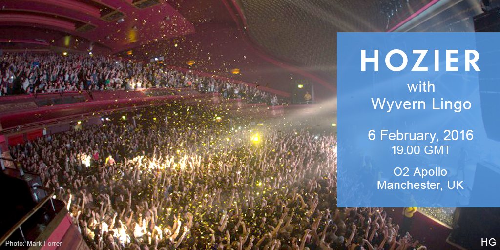HoziersGuitars's tweet image. NEXT GIG: @Hozier plays @O2ApolloManc in Manchester, England on 6 February @WyvernLingo open. 19:00 Cap 3500 #9ToGo