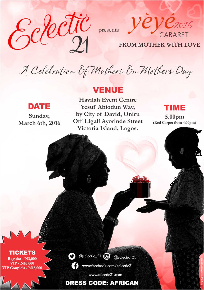 eclectic_21's tweet photo. Yeye Cabaret 2016 loading...
#FromMotherWithLove #Yeye2016 #Eclectic21 #MothersDay2016 #MothersDayInLagos https://t.co/5CB9uOzGkr