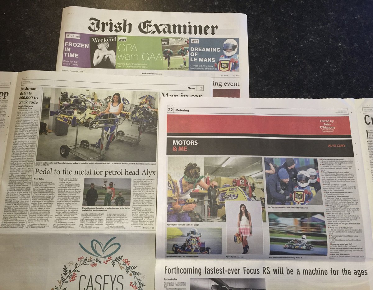 AlyxCoby's tweet photo. Thanks @irishexaminer! 1st time in a national paper and I'm on the cover and 2 pages inside! #karting #msirl #db2b https://t.co/Fnz5Ln2BF1