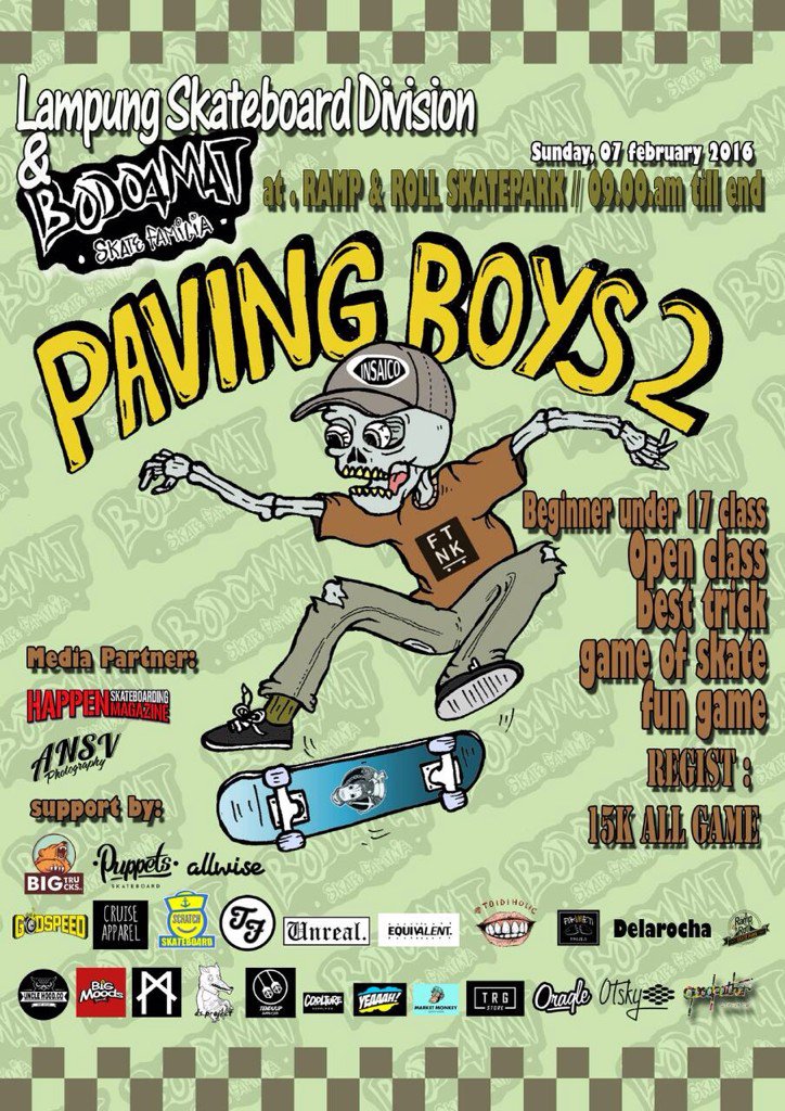Lampung paving boys II skateboard competition, minggu 7 februari 2016 at rampnroll skatepark start 09:00am till end