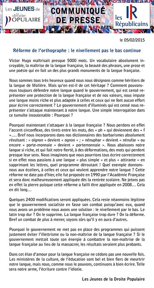 JDroitePop30's tweet photo. Communiqué de Presse des @JeunesDroitePop concernant le #RéformeOrthographe, le nivellement par le bas continue ! https://t.co/czjmRRvPeP