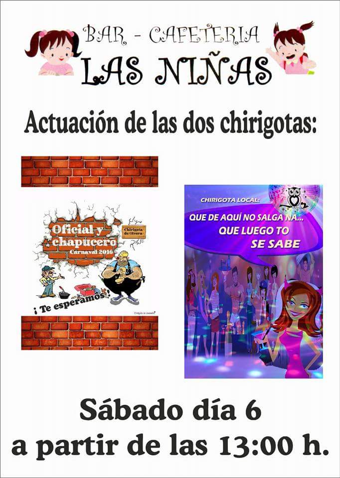 ChirigJaramillo's tweet photo. Hoy estamos de carnavales en Bar Las Niñas, a partir de las 13:00h. Allí nos vemos Juaan https://t.co/teX73G49KY