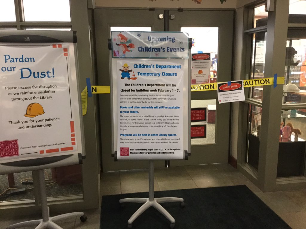 SchlowLibrary's tweet photo. REMINDER Children's Dept closed TODAY & TOMORROW due to our #InsulationBoostProject. More: https://t.co/ypLJLKXji2 https://t.co/jG2mCiMS9H