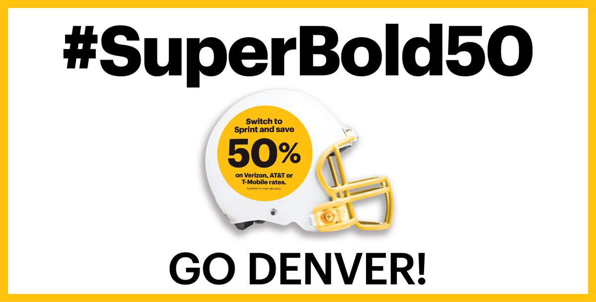 Switch to @Sprint &amp; save 50% off most <a href="/Verizon/">Verizon</a>, <a href="/ATT/">AT&T</a> &amp; <a href="/Tmobile/">T-Mobile</a> rates.  RT if you want a #Denver WIN! #SuperBold50
