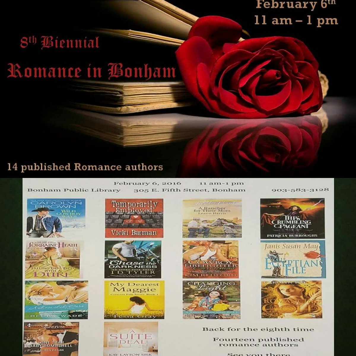 BonhamLibrary's tweet photo. Join us today for #RomanceinBonham #romanceauthors #bonhamlibrary #bonhamtx #librarylove #bookworm #authortalk https://t.co/djxxLQrAdt