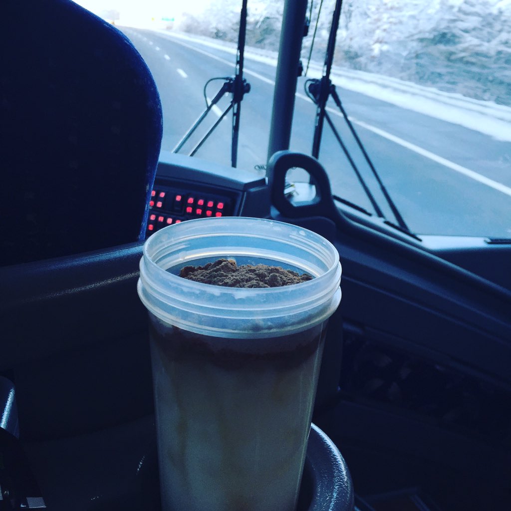 CoachKMcCann's tweet photo. The traveling Shakeology 🍃 Early on the road today. Cafe Latte with me so I'm super fueled for the day #roadtrip https://t.co/43cfdymrM4