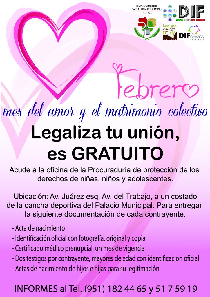 DIFSantaLucia's tweet photo. Legaliza tu unión. #MatrimonioColectivo #Gratuito @GaldinoHuerta @Mpio_StaLucia @RegCivil_GobOax @DIF_Oaxaca https://t.co/hc4pu6rNY4