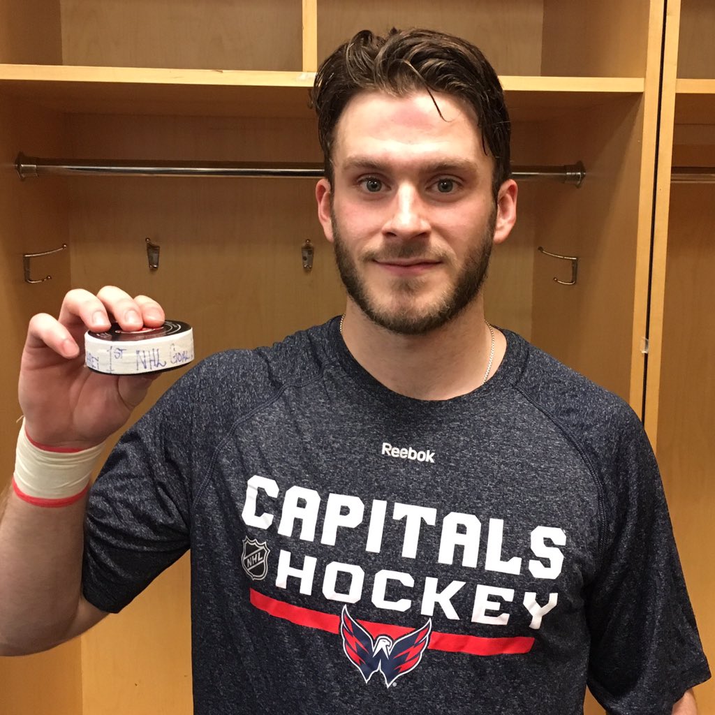 Capitals's tweet photo. First @NHL goal puck for @PaulCarey28! RT to congratulate (and follow Paul on Twitter)! #CapsDevils #RockTheRed https://t.co/EZfGwLCQBE