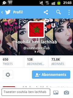 habiba__zinab's tweet photo. شوفو سوها حاطة علام مغرب فصورة بروفيل وتلموني ع حبها
هدي كنحماق علها
 #souhilabenlachhab
 #فانز_سهيلة_بضيافة_المغرب https://t.co/xtnFfeXQj0