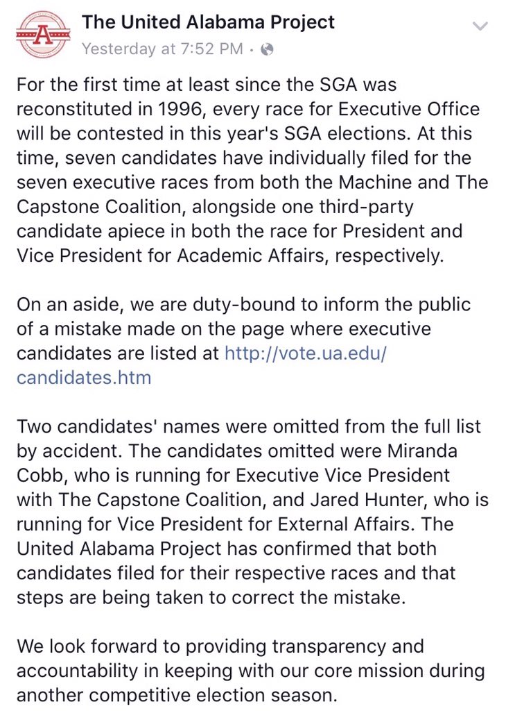 UAP Statement on Filings for SGA Elections: