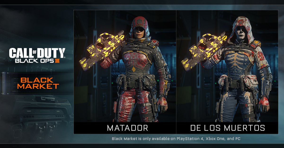 CallofDuty's tweet photo. Which is your favorite new Outrider set from the Black Market: Matador or De Los Muertos? Keep an eye out for more. https://t.co/tsvfyTU6d0