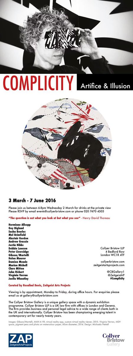 #Complicity Artifice &amp; Illusion curated by <a href="/Rosalinddavis/">Rosalind Davis</a> <a href="/CBGallery1/">Collyer Bristow Gallery</a> PV Wed2March 6-8pm #SaveTheDate
