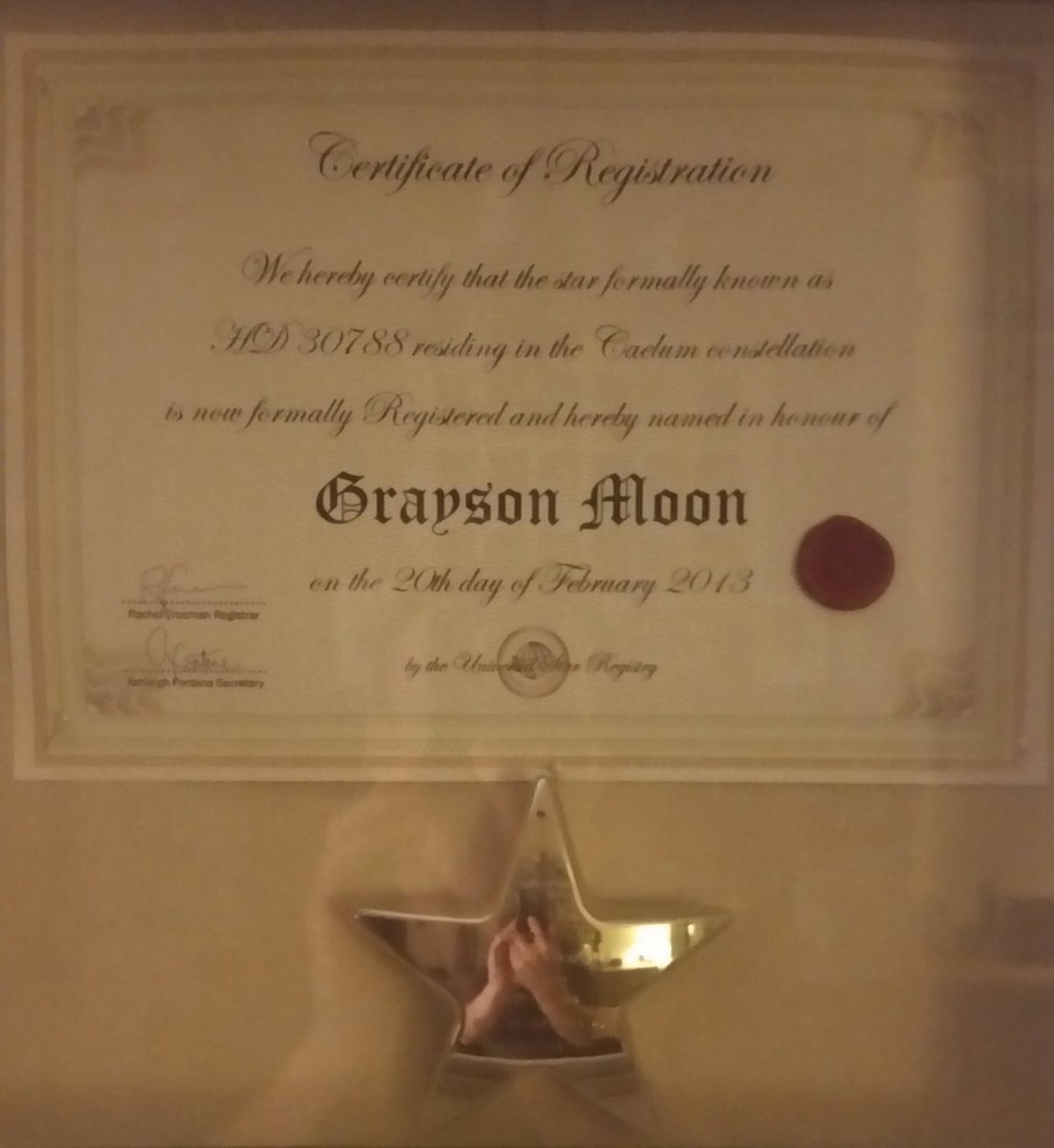 mrgraysonco's tweet image. This is the ❇ that is registered in Graysons name 😊 and his coordinates are printed in the label #MrGrayson ❤