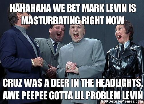 GOPDebateMemes's tweet photo. Hahaha @marklevinshow #masturbating to #Cruz during #GOPDebate until he froze like a #deer in the headlights https://t.co/lNBnJeoidO
