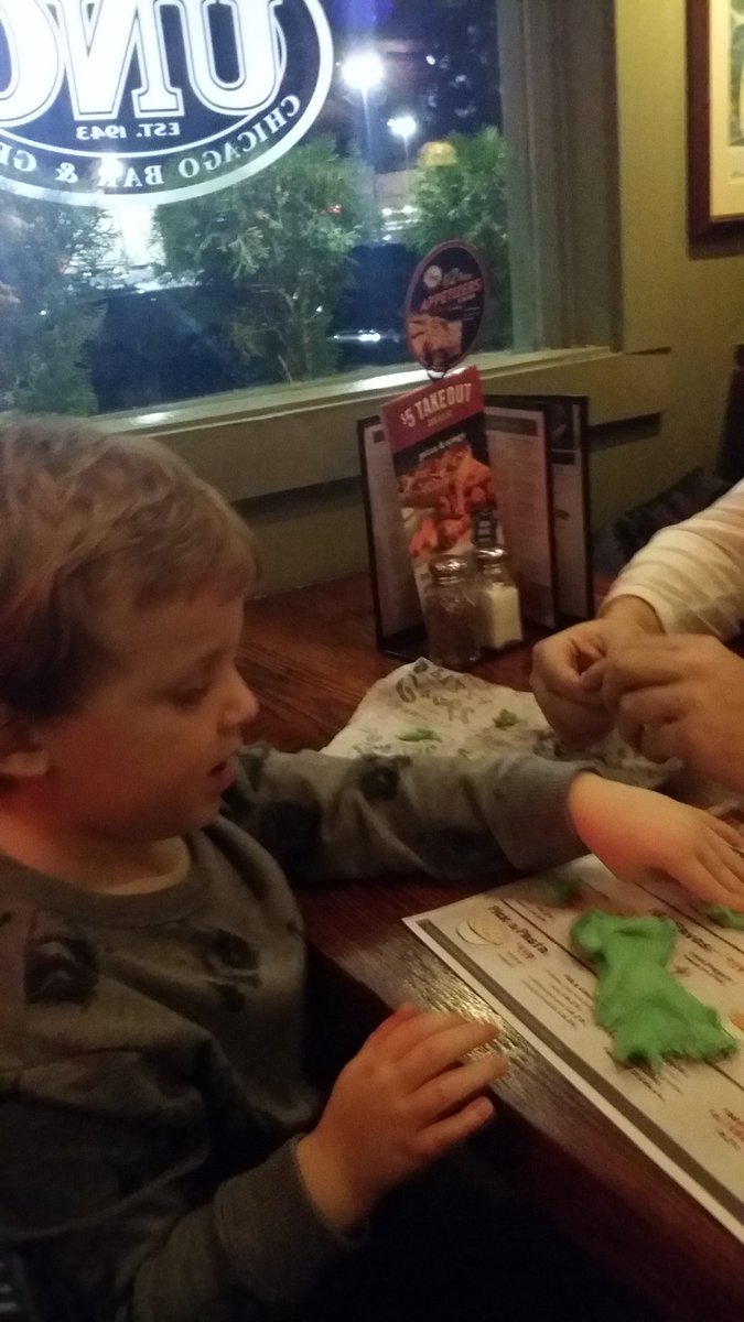 JennCramer0315's tweet photo. @UnoChicagoGrill Amazing idea giving kids colored pizza dough while they wait! Jack loved it! https://t.co/9o8bxpV9GL