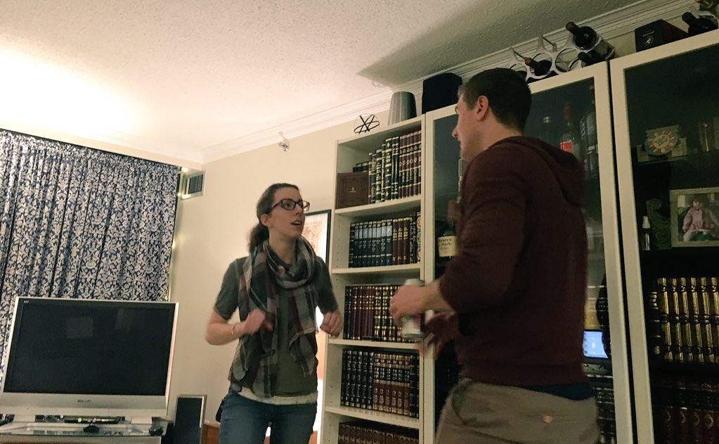 FineLineComedy's tweet image. Great company meeting tonight that devolved into Rachel &amp;amp; Pat doing an improv scene in @racheleklein's living room.