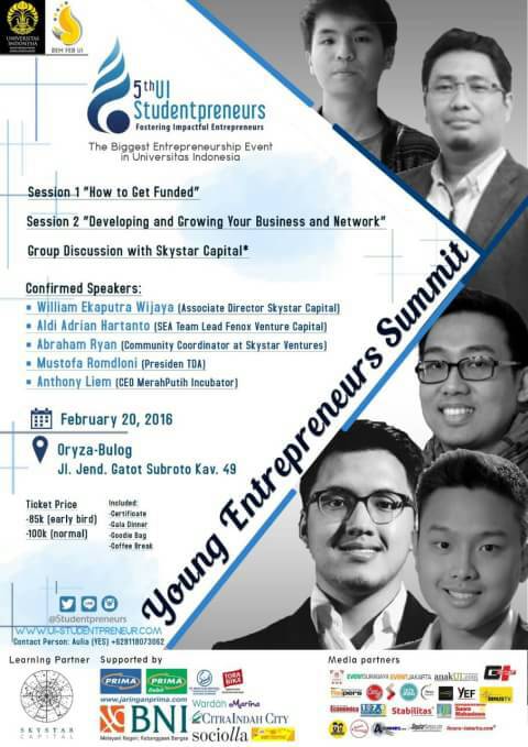 himabinus's tweet photo. The 5th UI @Studentpreneurs proudly present events: Young Entrepreneurs Summit [YES]! Info:https://t.co/x80yDku14N https://t.co/a7nA1GioYL