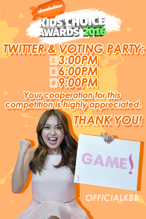 OfficialKBB's tweet photo. It's 3PM already! LET'S START OUR TWITTER &amp; VOTING PARTY. GAME?
#VoteKathrynFPP #KCA https://t.co/zKVeQSaBPw