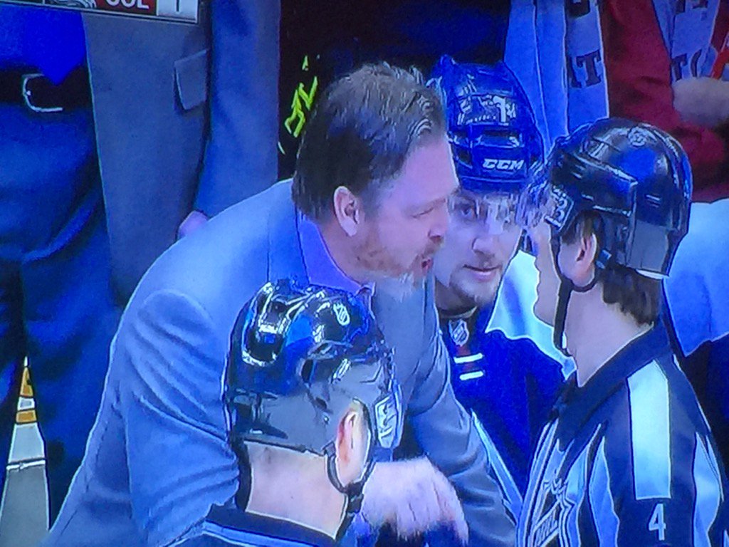 adater's tweet photo. Patrick Roy not thrilled with the referee here https://t.co/ZFWnIfTebm