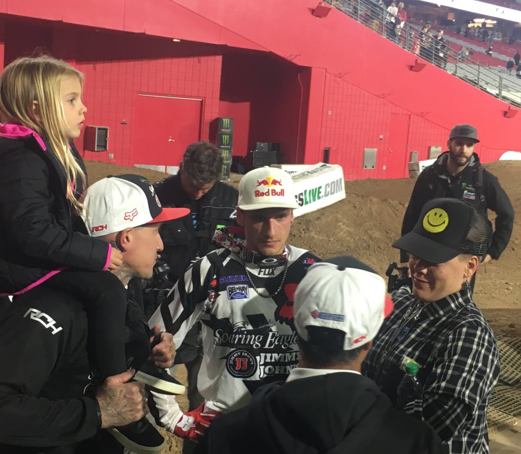 .<a href="/KenRoczen94/">Ken Roczen</a> celebrates his first win of 2016 with <a href="/hartluck/">Carey Hart</a> &amp; <a href="/Pink/">P!nk</a>. What a night!