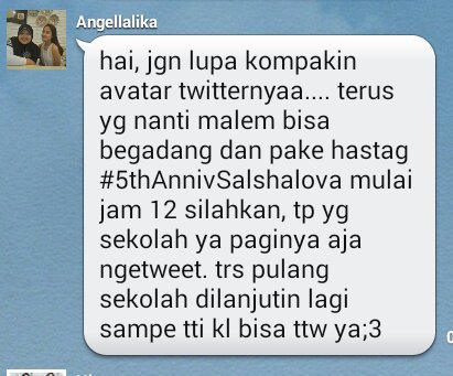 heranierwin's tweet photo. Nih ada info dri kak @AngellAlika @SLCreative8 bisa begadang dan pke hastag #5thAnnivSalshalova mulai jm 12 https://t.co/6M9EfrDhLe